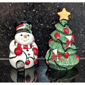 2006 Fitz and Floyd Salt and Pepper Shakers CHEERS Snowman & Christmas Tree